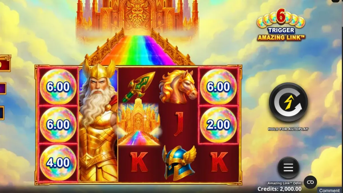 Tangkapan layar permainan slot Amazing Link Odin dengan Odin di latar belakang dan gulungan yang menampilkan simbol-simbol Norse