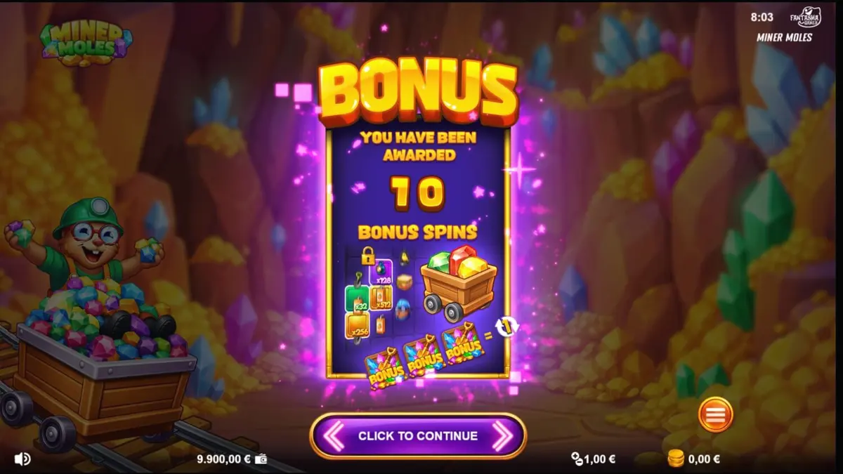 Tampilan visual slot Miner Moles dengan karakter tikus tanah dan gua permata.
