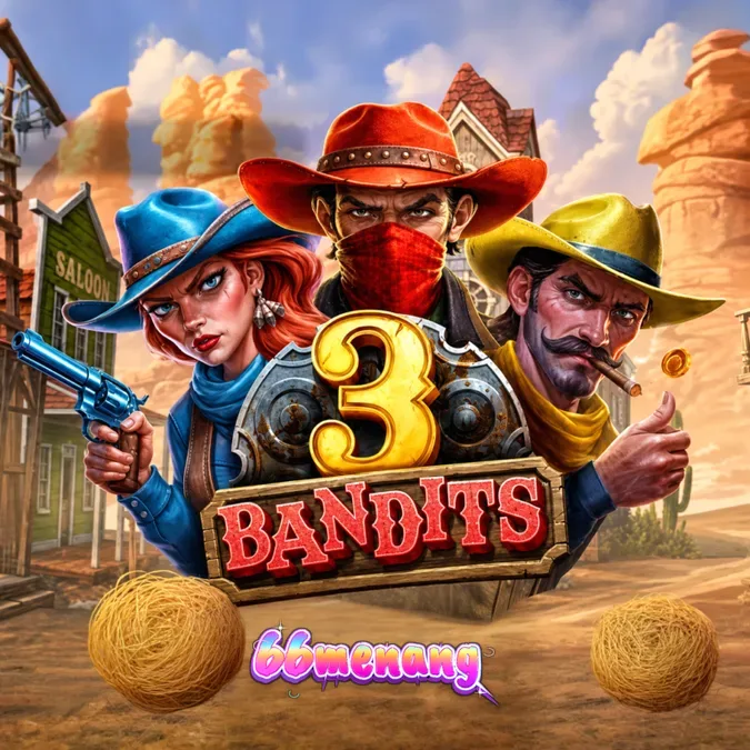 Tampilan visual slot 3 Bandits dengan tema koboi dan mekanisme pengumpulan koin